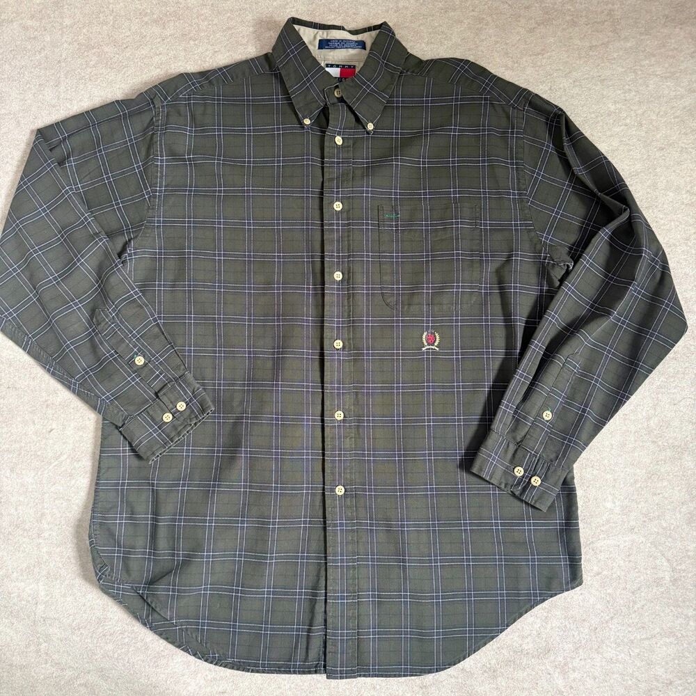 Vtg 90s Tommy Hilfiger button front shirt mens M olive green plaid crest preppy